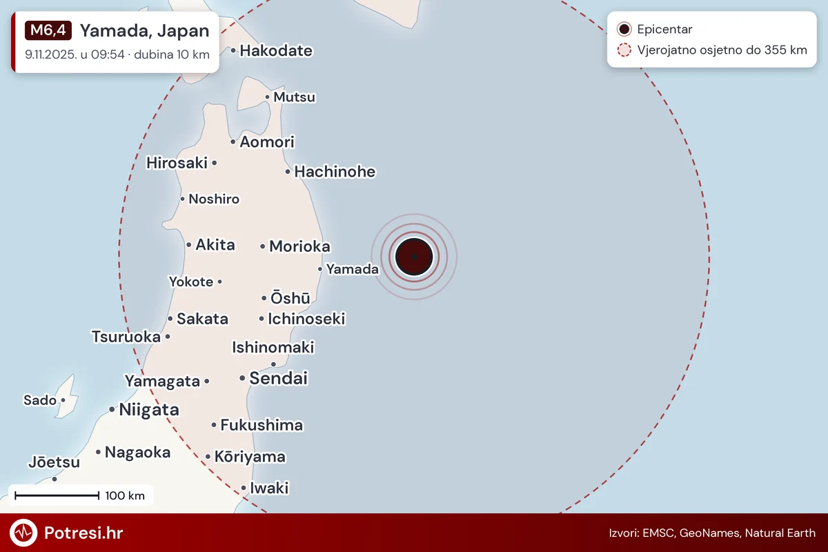 Karta: šire područje i vjerojatni doseg osjeta, potres M6,4, Yamada, Japan, 9.11.2025.