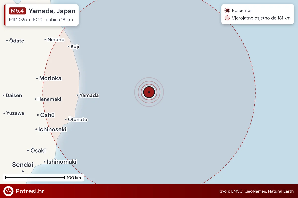 Karta: šire područje i vjerojatni doseg osjeta, potres M5,4, Yamada, Japan, 9.11.2025.