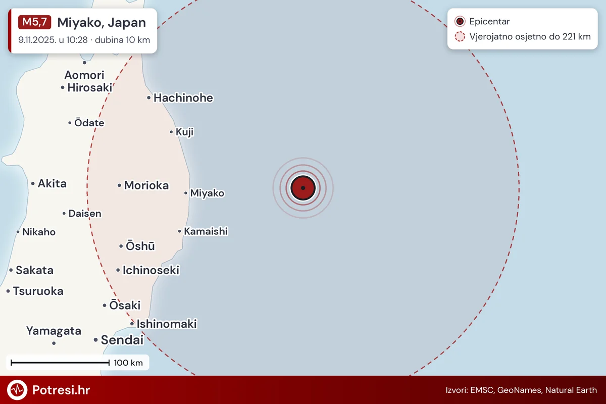 Karta: šire područje i vjerojatni doseg osjeta, potres M5,7, Miyako, Japan, 9.11.2025.