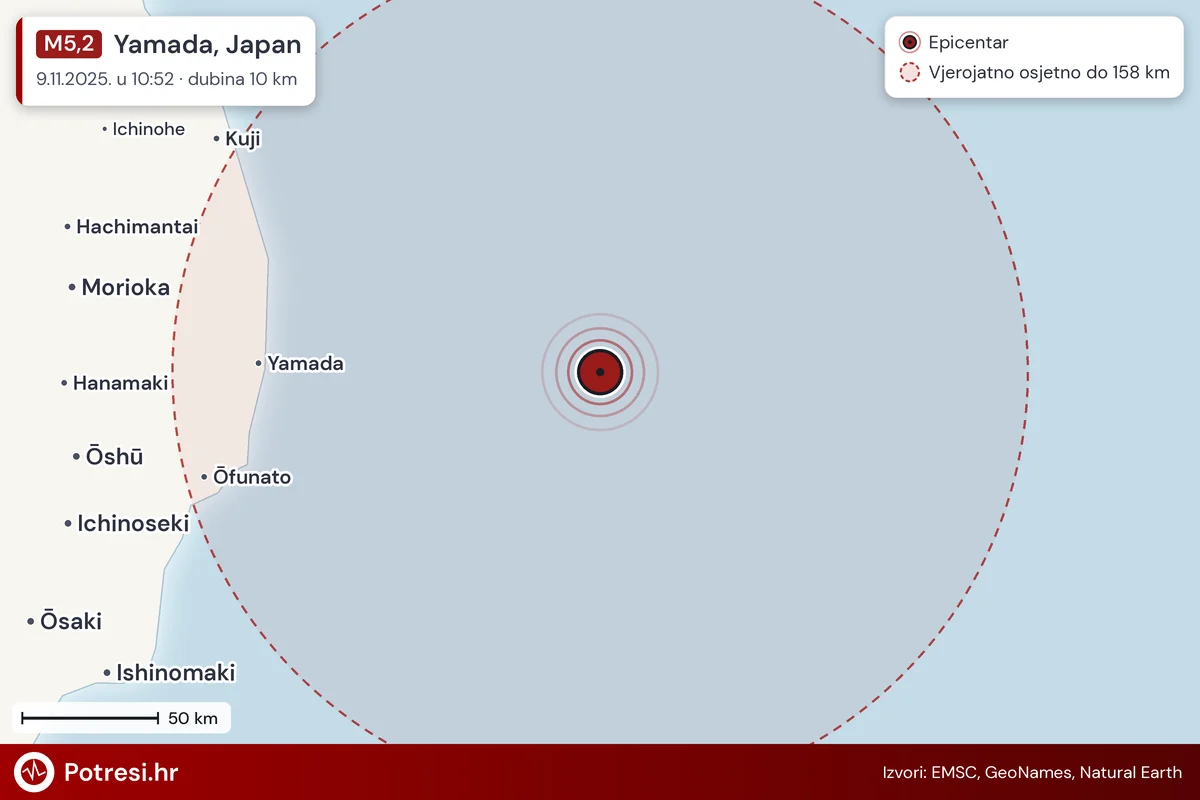 Karta: šire područje i vjerojatni doseg osjeta, potres M5,2, Yamada, Japan, 9.11.2025.