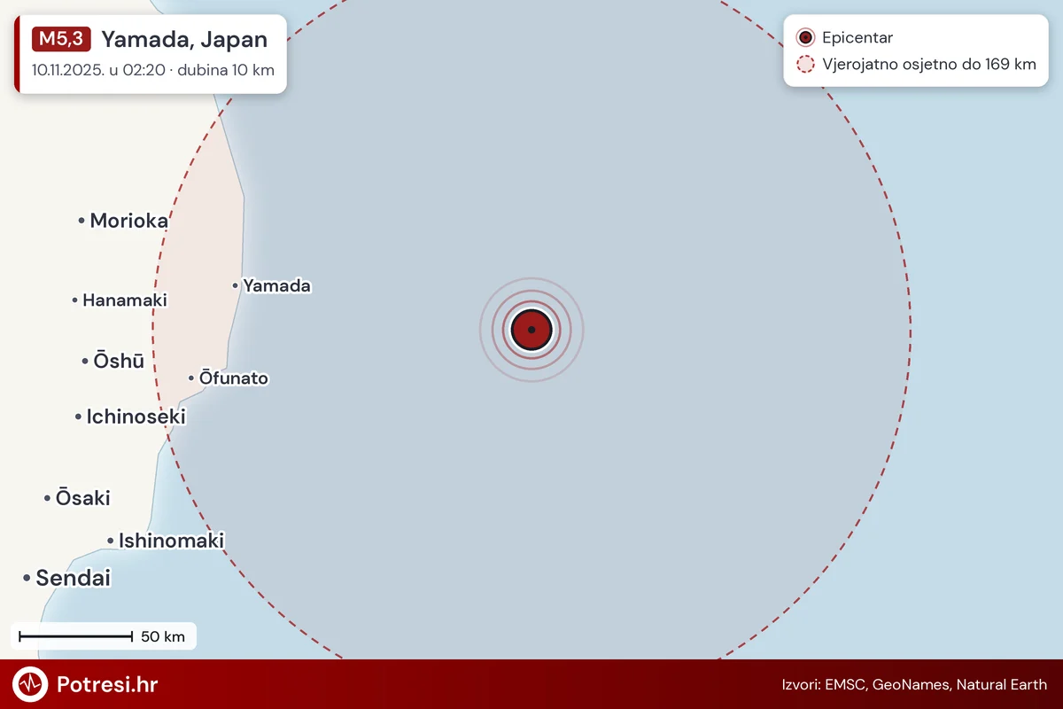 Karta: šire područje i vjerojatni doseg osjeta, potres M5,3, Yamada, Japan, 10.11.2025.