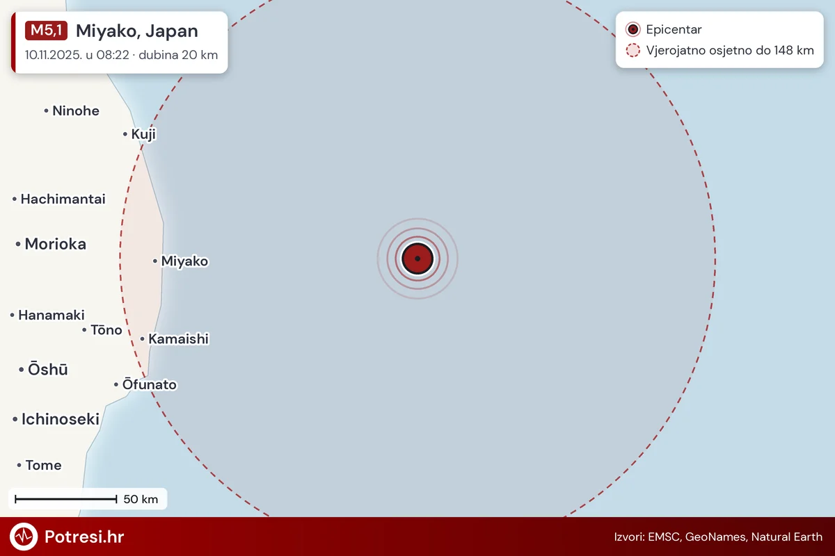 Karta: šire područje i vjerojatni doseg osjeta, potres M5,1, Miyako, Japan, 10.11.2025.