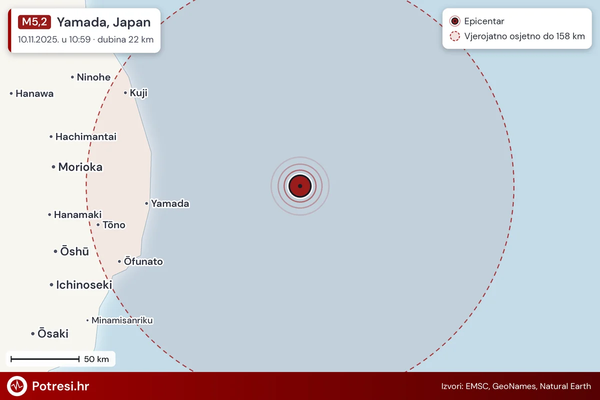 Karta: šire područje i vjerojatni doseg osjeta, potres M5,2, Yamada, Japan, 10.11.2025.