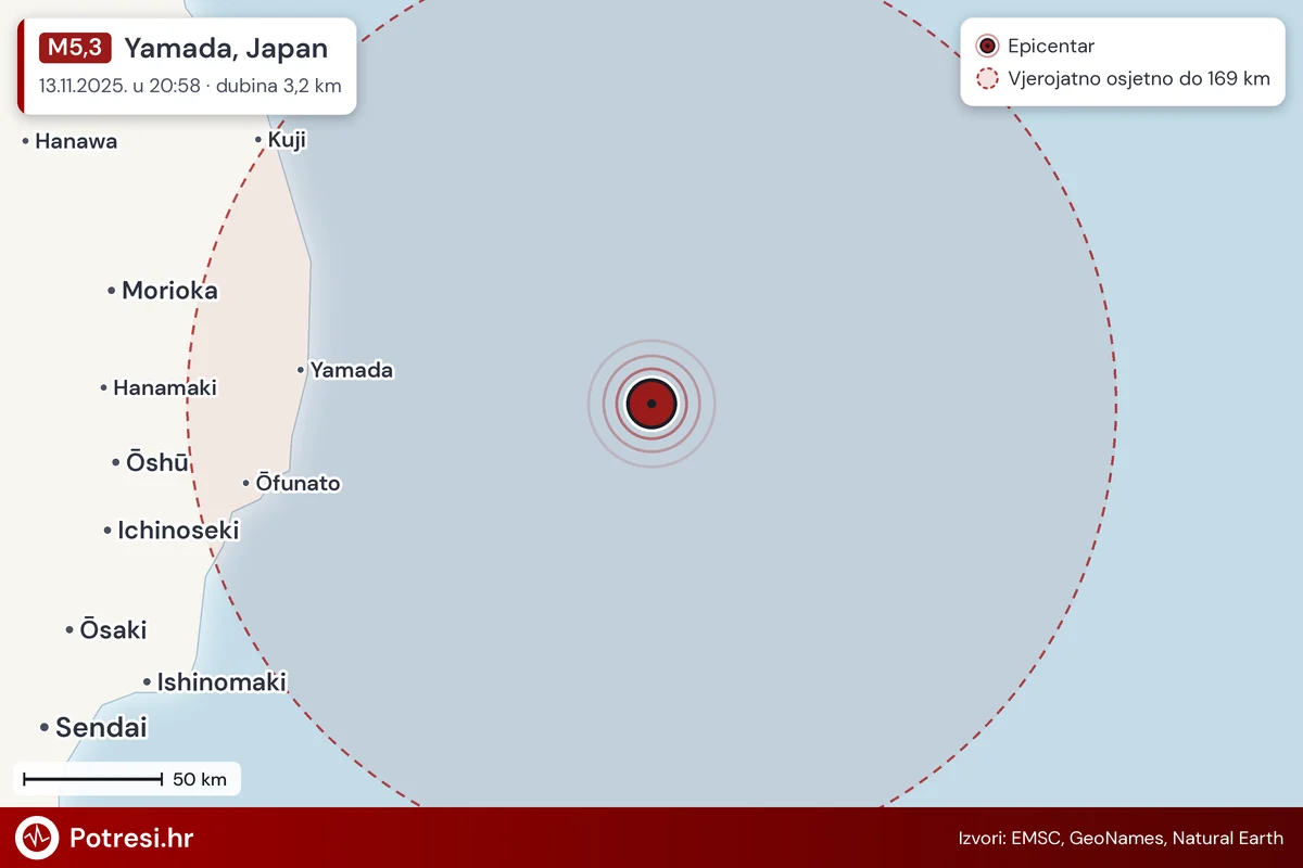 Karta: šire područje i vjerojatni doseg osjeta, potres M5,3, Yamada, Japan, 13.11.2025.