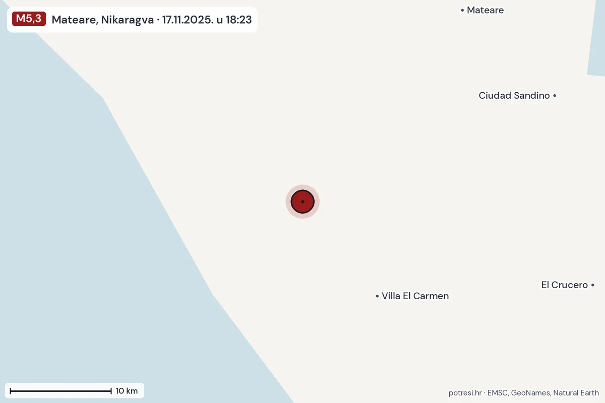 Karta: okolica epicentra, 60 km, potres M5,3, Mateare, Nikaragva, 17.11.2025.