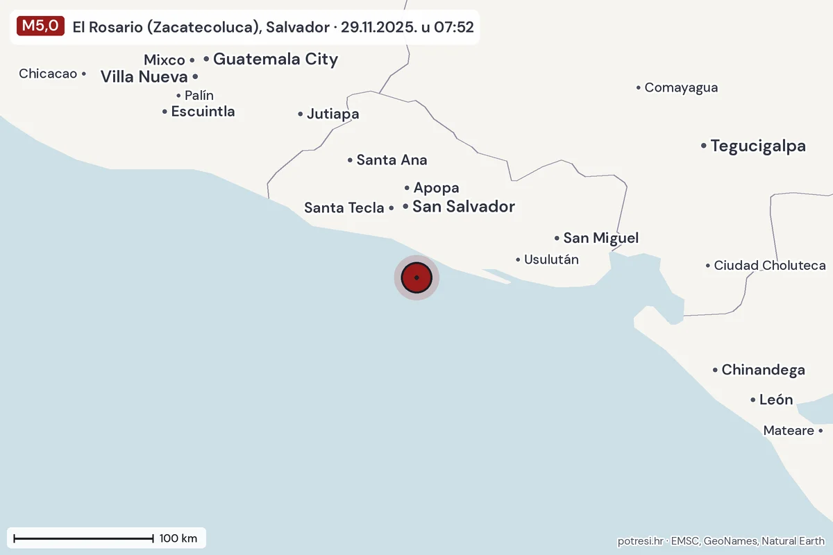 Karta: šire područje, 600 km, potres M5,0, El Rosario (Zacatecoluca), Salvador, 29.11.2025.