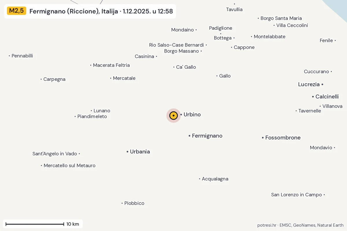 Karta: okolica epicentra, 60 km, potres M2,5, Fermignano (Riccione), Italija, 1.12.2025.
