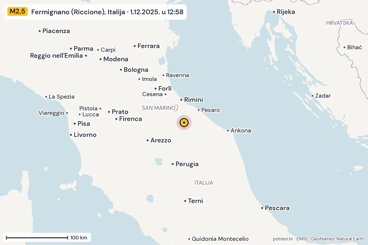 Karta: šire područje, 600 km, potres M2,5, Fermignano (Riccione), Italija, 1.12.2025.