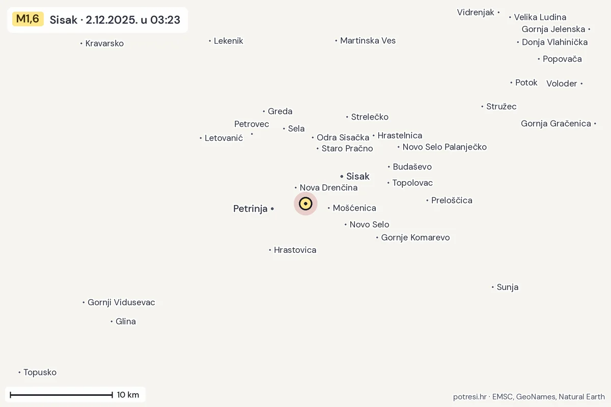Karta: okolica epicentra, 60 km, potres M1,6, Sisak, 2.12.2025.
