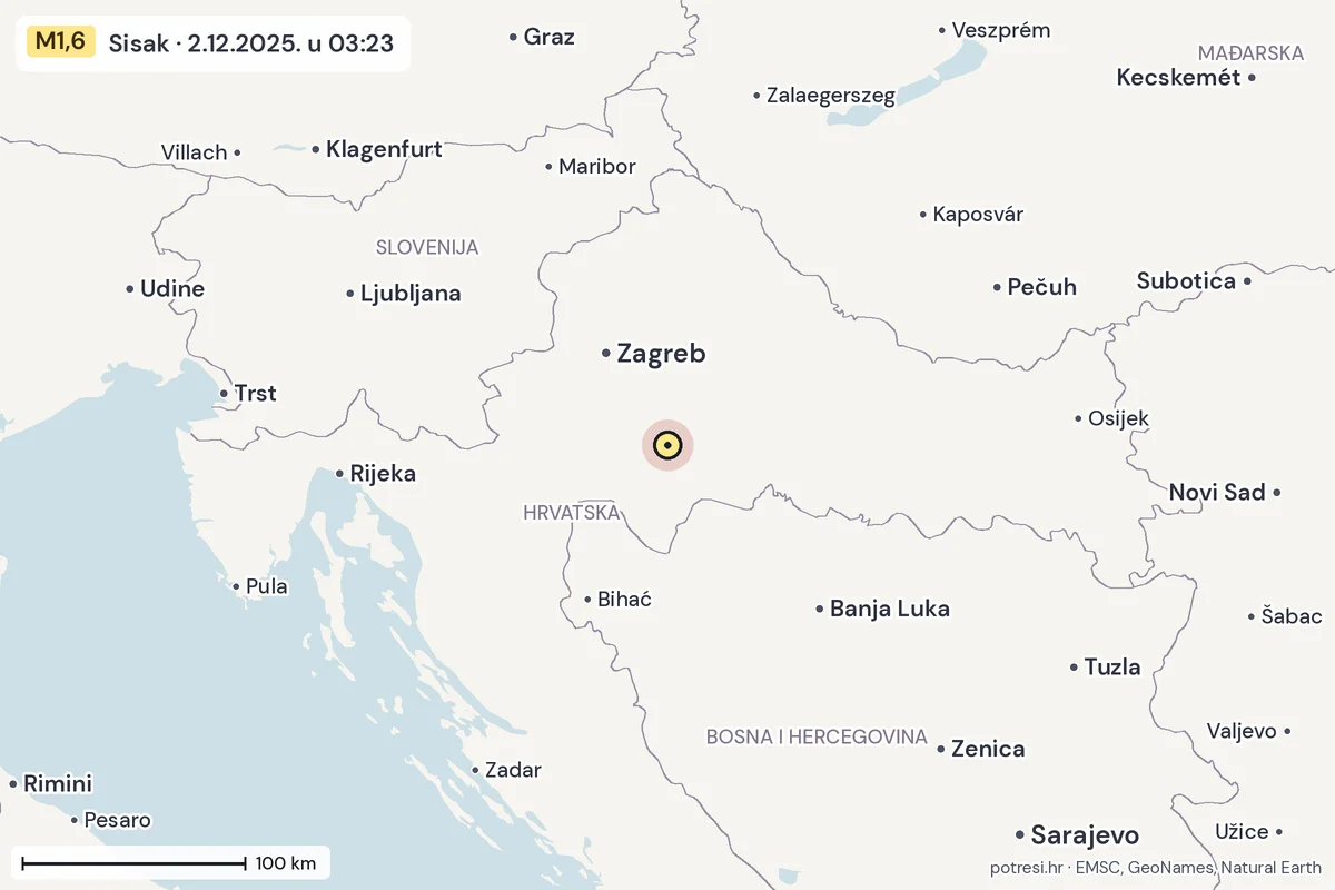 Karta: šire područje, 600 km, potres M1,6, Sisak, 2.12.2025.