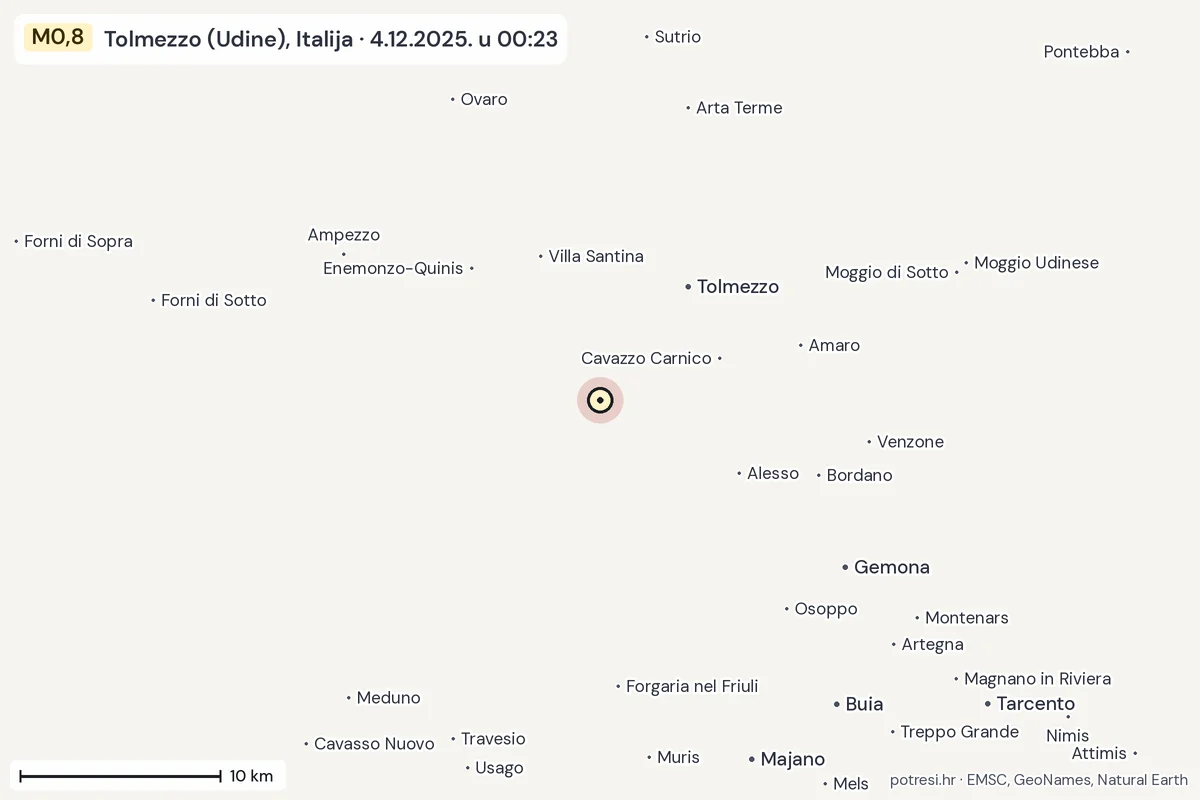 Karta: okolica epicentra, 60 km, potres M0,8, Tolmezzo (Udine), Italija, 4.12.2025.