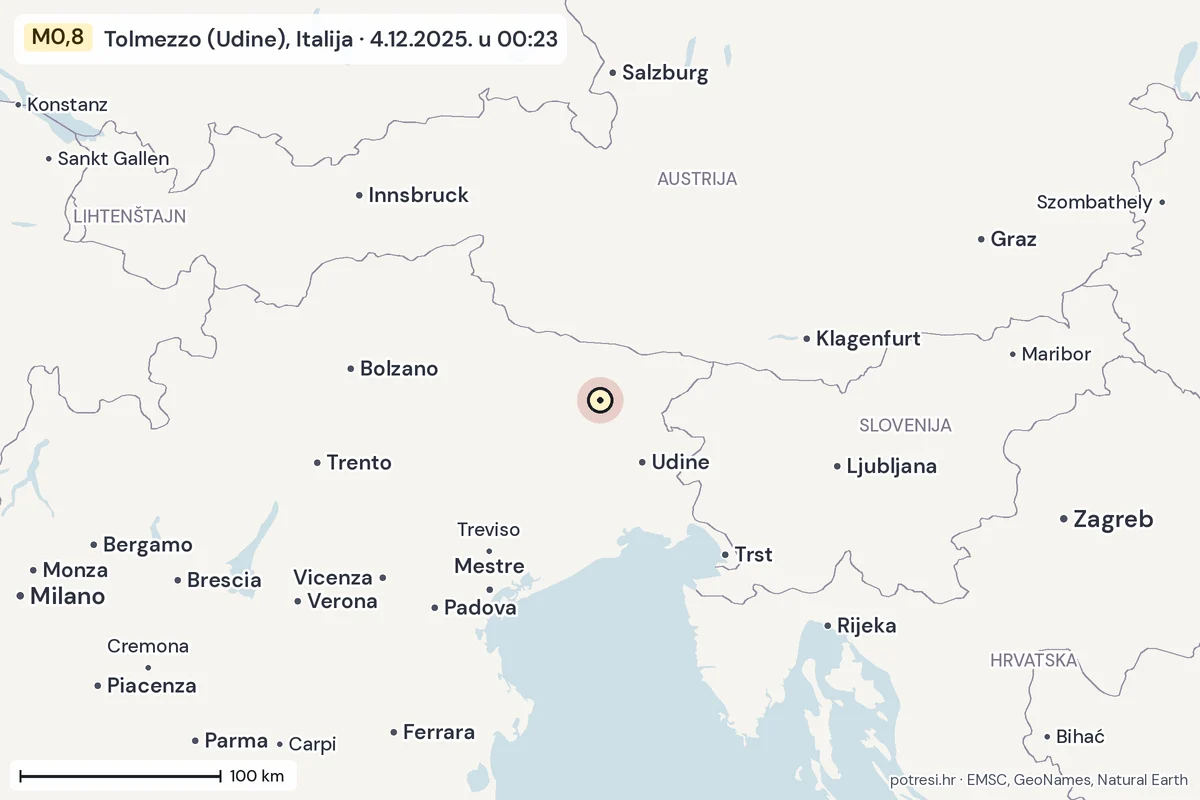Karta: šire područje, 600 km, potres M0,8, Tolmezzo (Udine), Italija, 4.12.2025.