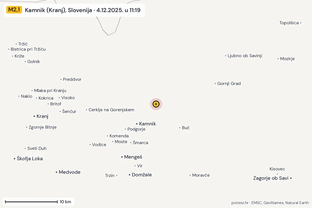 Karta: okolica epicentra, 60 km, potres M2,1, Kamnik (Kranj), Slovenija, 4.12.2025.