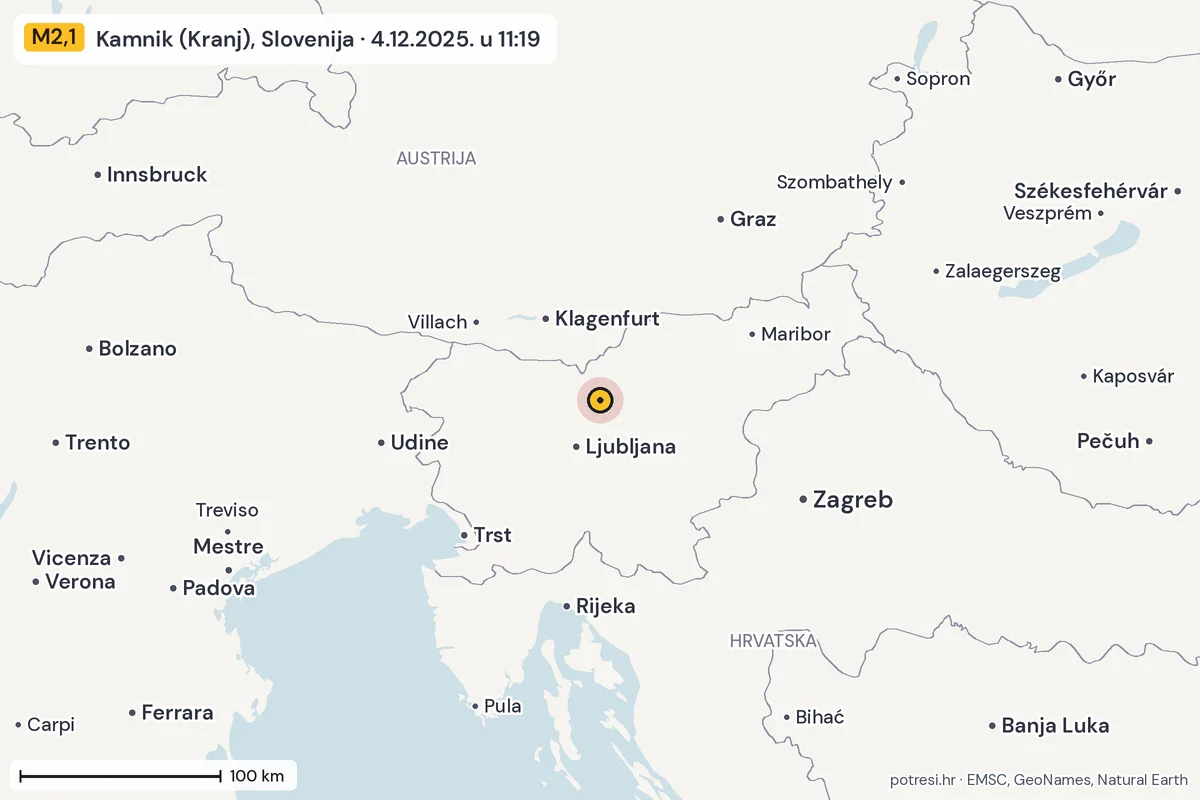 Karta: šire područje, 600 km, potres M2,1, Kamnik (Kranj), Slovenija, 4.12.2025.