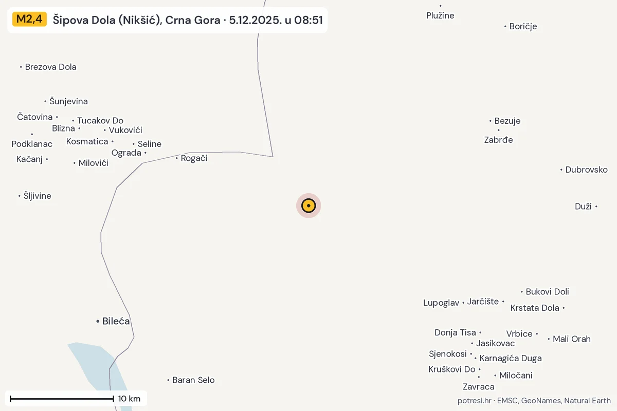 Karta: okolica epicentra, 60 km, potres M2,4, Šipova Dola (Nikšić), Crna Gora, 5.12.2025.
