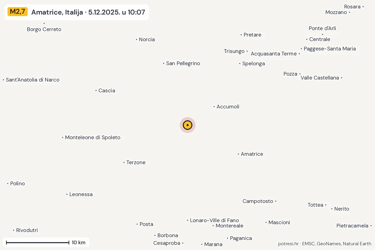 Karta: okolica epicentra, 60 km, potres M2,7, Amatrice, Italija, 5.12.2025.