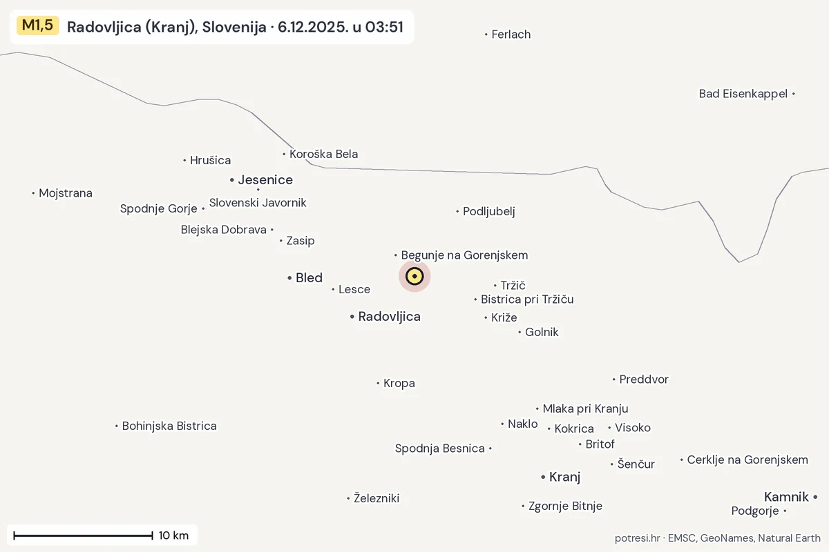 Karta: okolica epicentra, 60 km, potres M1,5, Radovljica (Kranj), Slovenija, 6.12.2025.