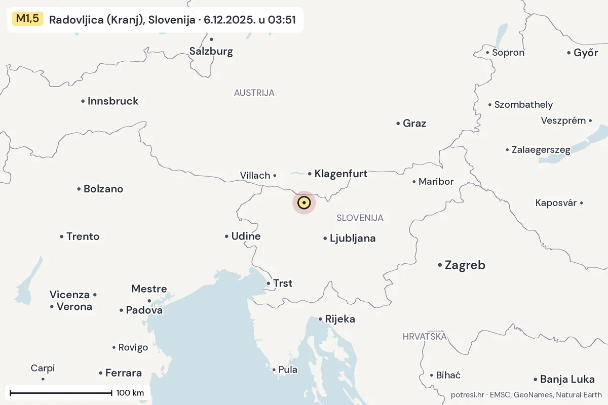 Karta: šire područje, 600 km, potres M1,5, Radovljica (Kranj), Slovenija, 6.12.2025.