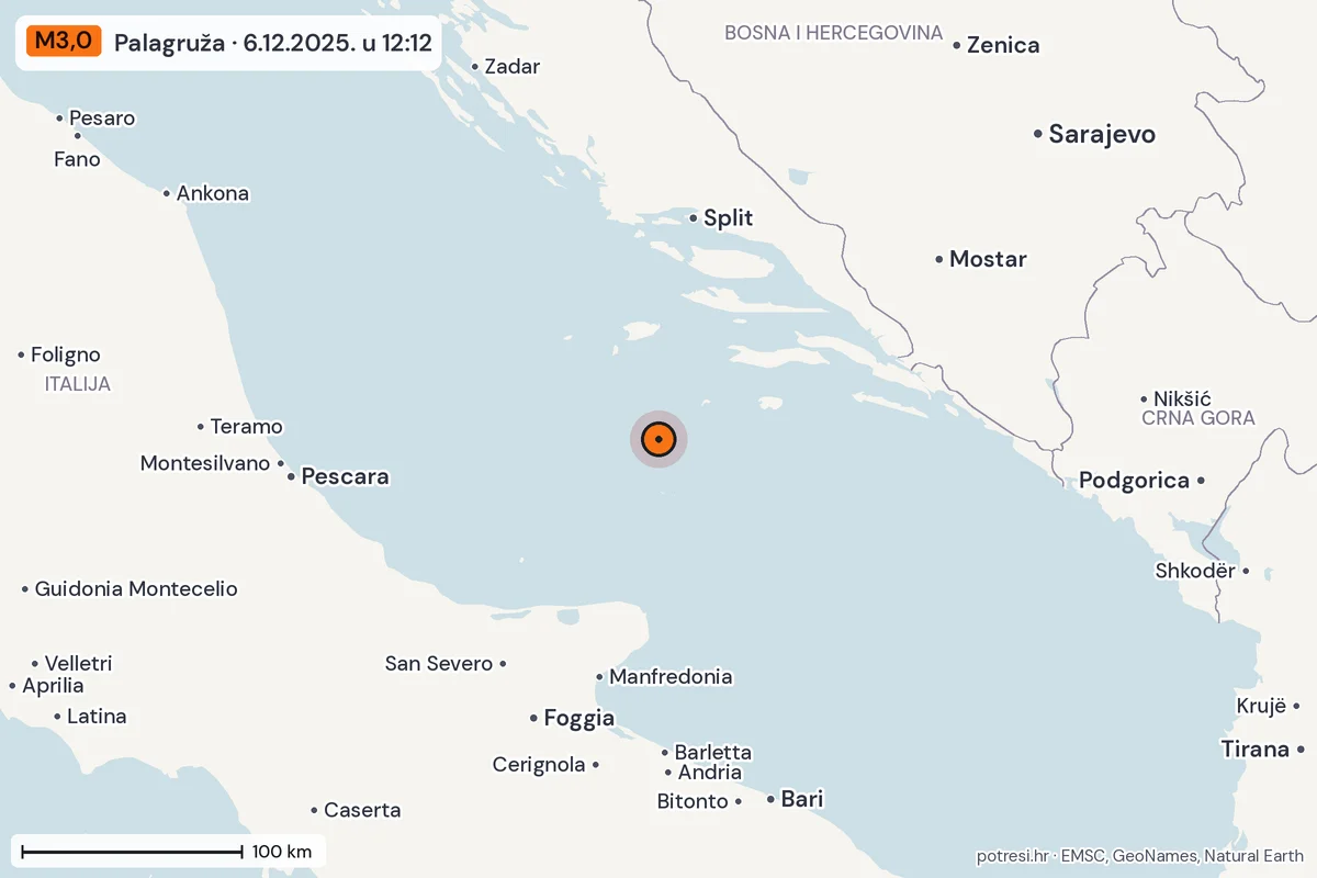 Karta: šire područje, 600 km, potres M3,0, Palagruža, 6.12.2025.