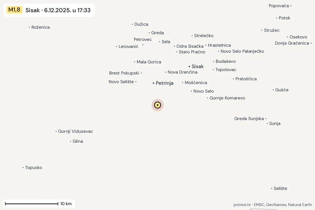 Karta: okolica epicentra, 60 km, potres M1,8, Sisak, 6.12.2025.