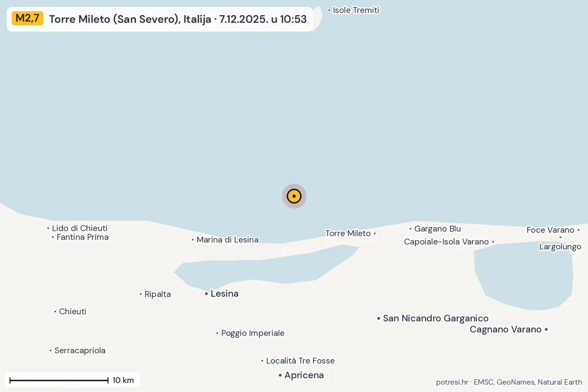 Karta: okolica epicentra, 60 km, potres M2,7, Torre Mileto (San Severo), Italija, 7.12.2025.