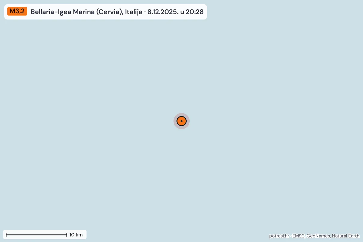 Karta: okolica epicentra, 60 km, potres M3,2, Bellaria-Igea Marina (Cervia), Italija, 8.12.2025.