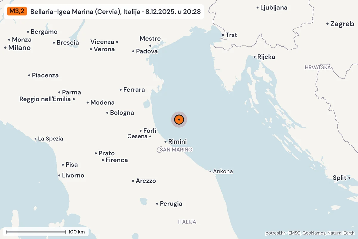 Karta: šire područje, 600 km, potres M3,2, Bellaria-Igea Marina (Cervia), Italija, 8.12.2025.