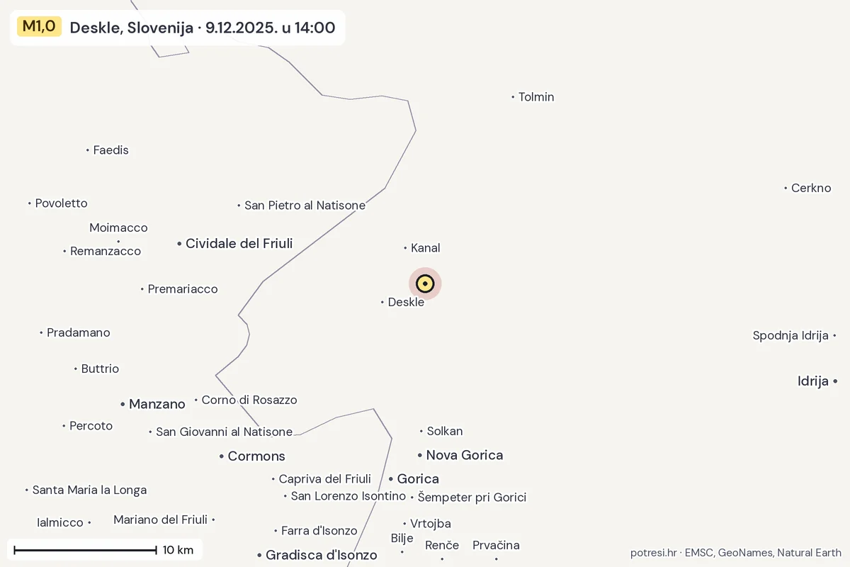 Karta: okolica epicentra, 60 km, potres M1,0, Deskle, Slovenija, 9.12.2025.
