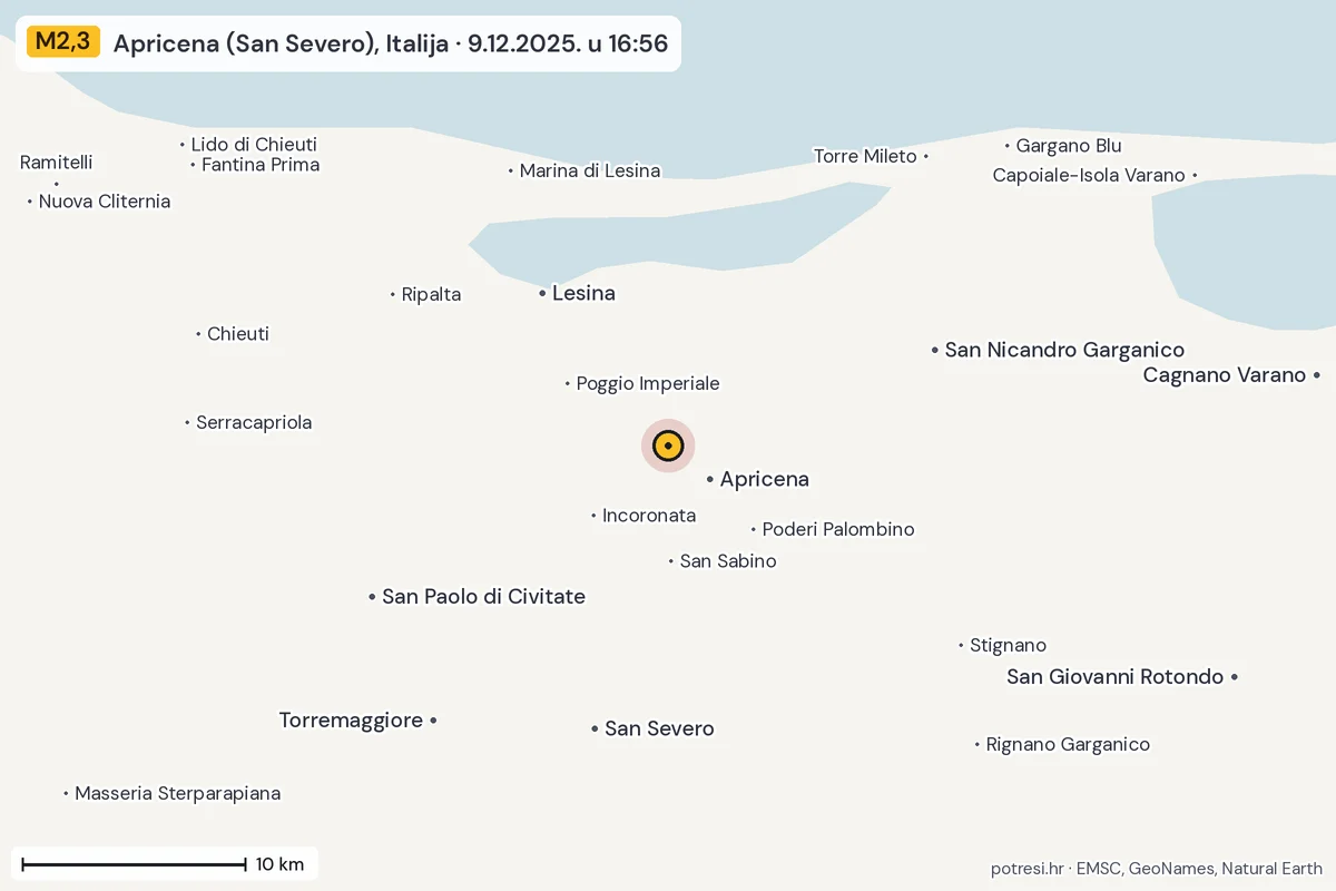 Karta: okolica epicentra, 60 km, potres M2,3, Apricena (San Severo), Italija, 9.12.2025.