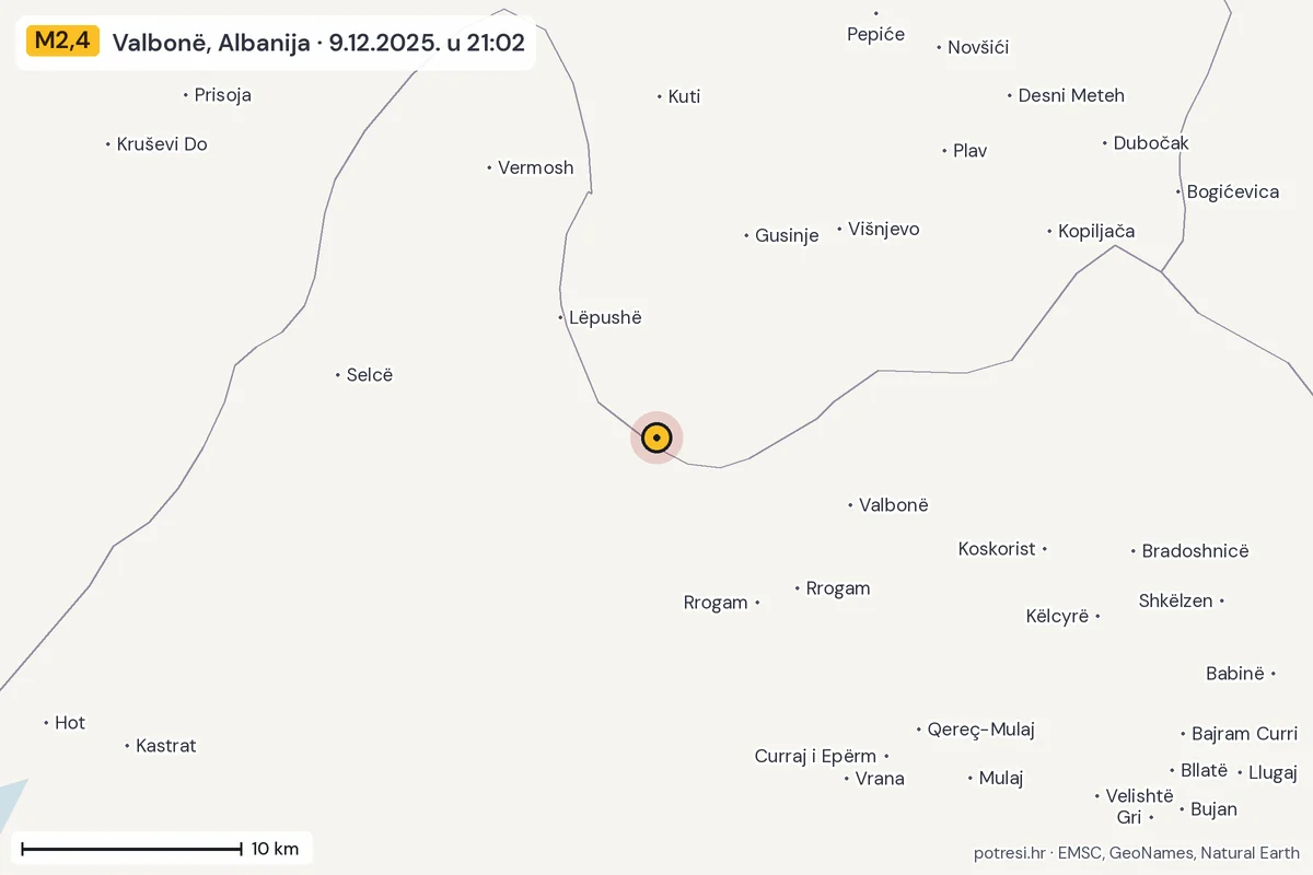 Karta: okolica epicentra, 60 km, potres M2,4, Valbonë, Albanija, 9.12.2025.
