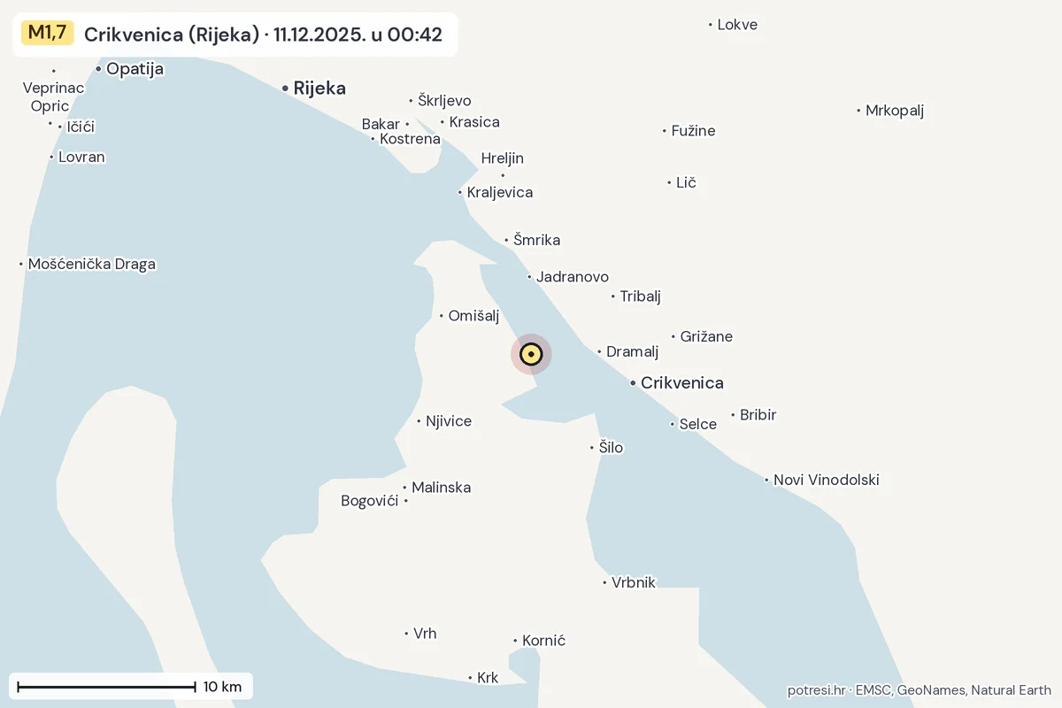Karta: okolica epicentra, 60 km, potres M1,7, Crikvenica (Rijeka), 11.12.2025.