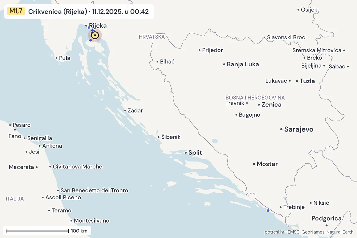 Karta: izvješća građana, potres M1,7, Crikvenica (Rijeka), 11.12.2025.