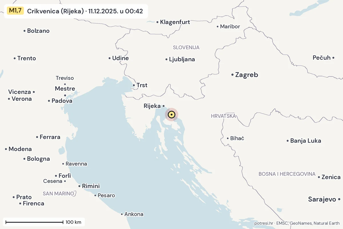 Karta: šire područje, 600 km, potres M1,7, Crikvenica (Rijeka), 11.12.2025.