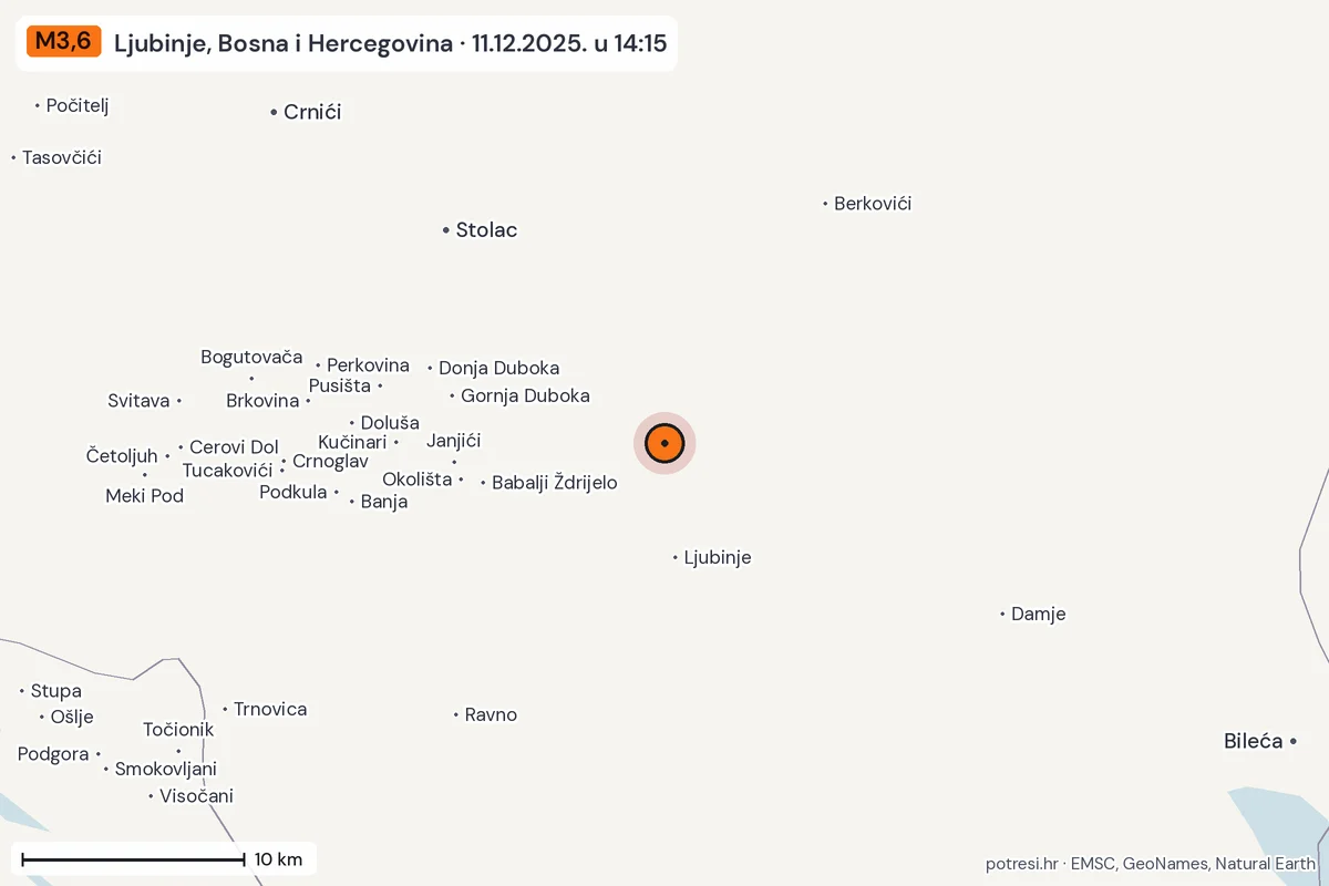 Karta: okolica epicentra, 60 km, potres M3,6, Ljubinje, Bosna i Hercegovina, 11.12.2025.