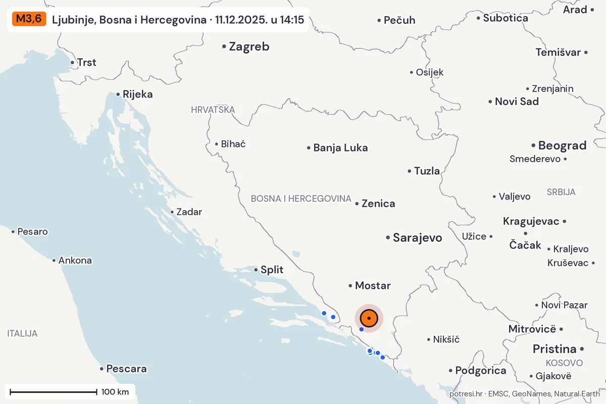 Karta: izvješća građana, potres M3,6, Ljubinje, Bosna i Hercegovina, 11.12.2025.