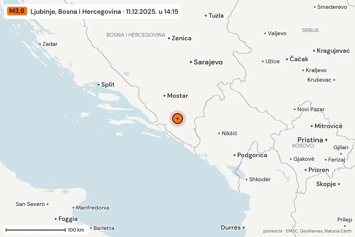Karta: šire područje, 600 km, potres M3,6, Ljubinje, Bosna i Hercegovina, 11.12.2025.