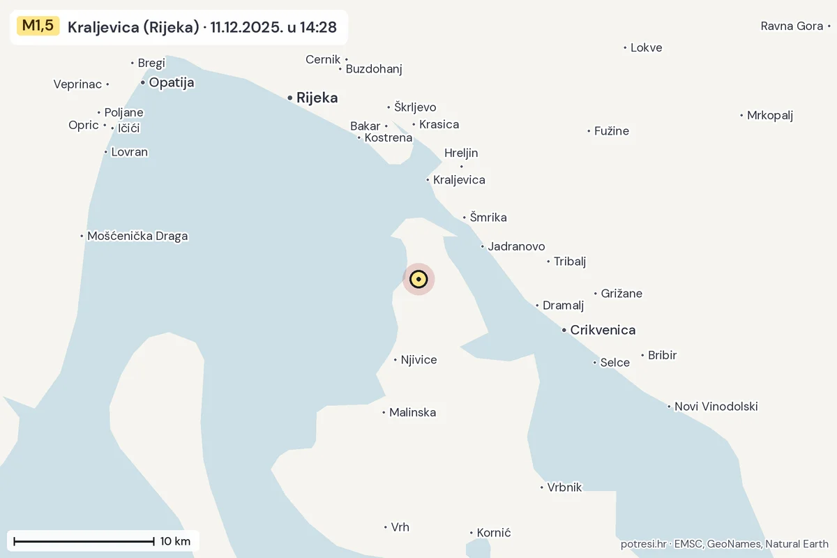 Karta: okolica epicentra, 60 km, potres M1,5, Kraljevica (Rijeka), 11.12.2025.