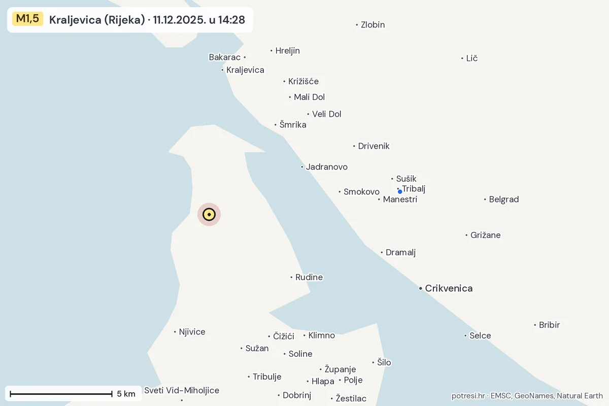 Karta: izvješća građana, potres M1,5, Kraljevica (Rijeka), 11.12.2025.