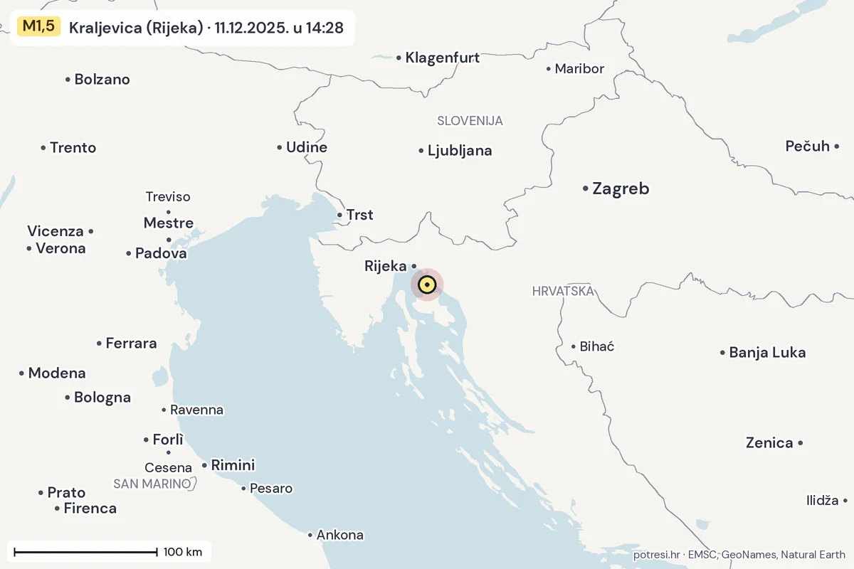 Karta: šire područje, 600 km, potres M1,5, Kraljevica (Rijeka), 11.12.2025.