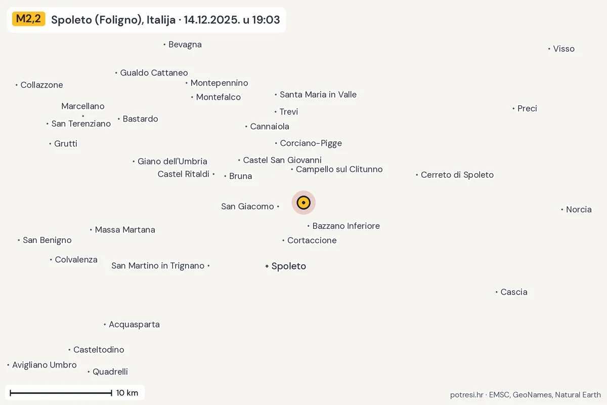 Karta: okolica epicentra, 60 km, potres M2,2, Spoleto (Foligno), Italija, 14.12.2025.