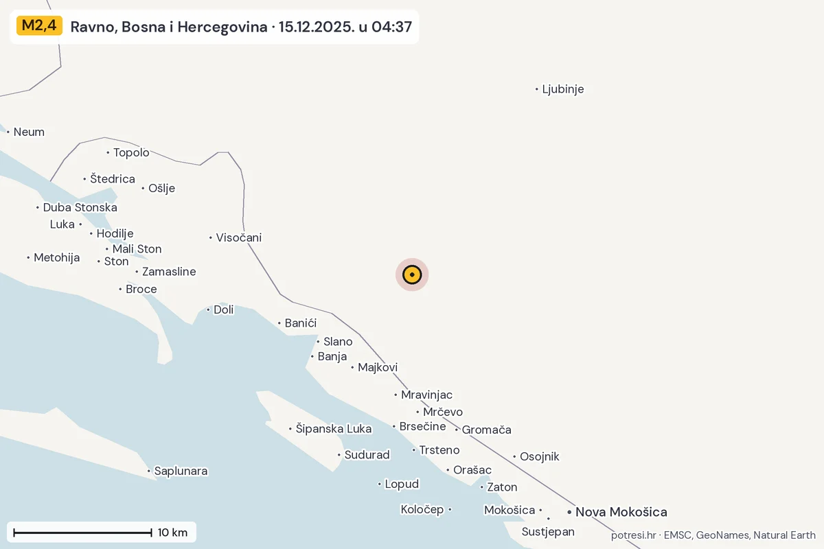 Karta: okolica epicentra, 60 km, potres M2,4, Ravno, Bosna i Hercegovina, 15.12.2025.