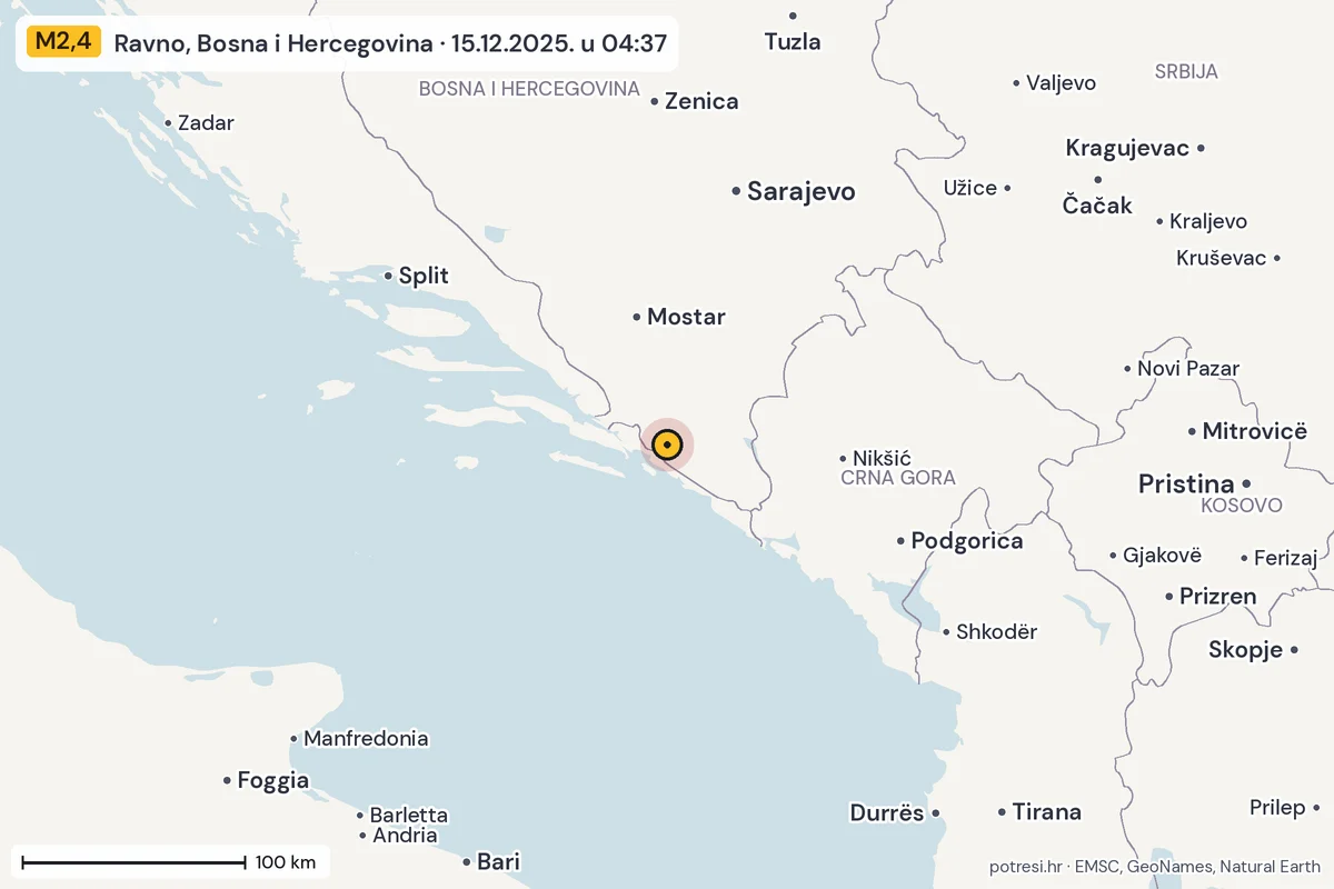 Karta: šire područje, 600 km, potres M2,4, Ravno, Bosna i Hercegovina, 15.12.2025.