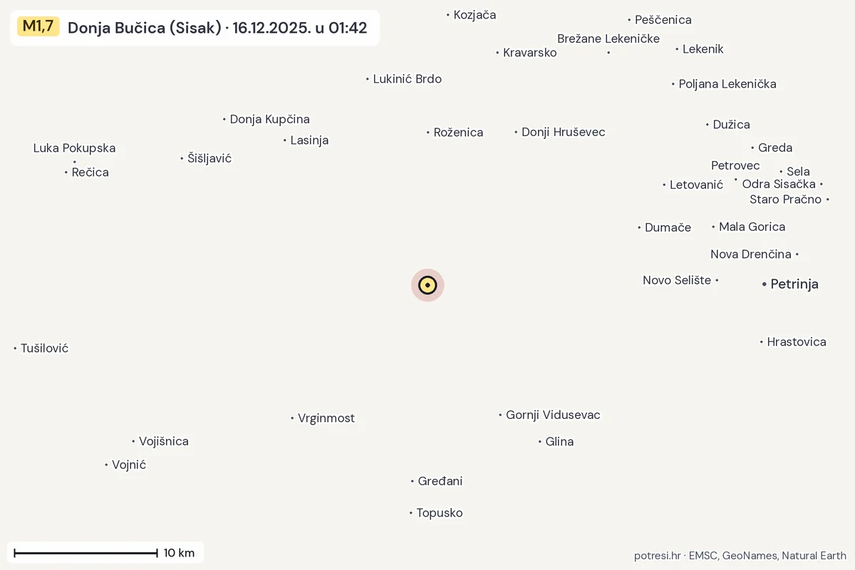 Karta: okolica epicentra, 60 km, potres M1,7, Donja Bučica (Sisak), 16.12.2025.
