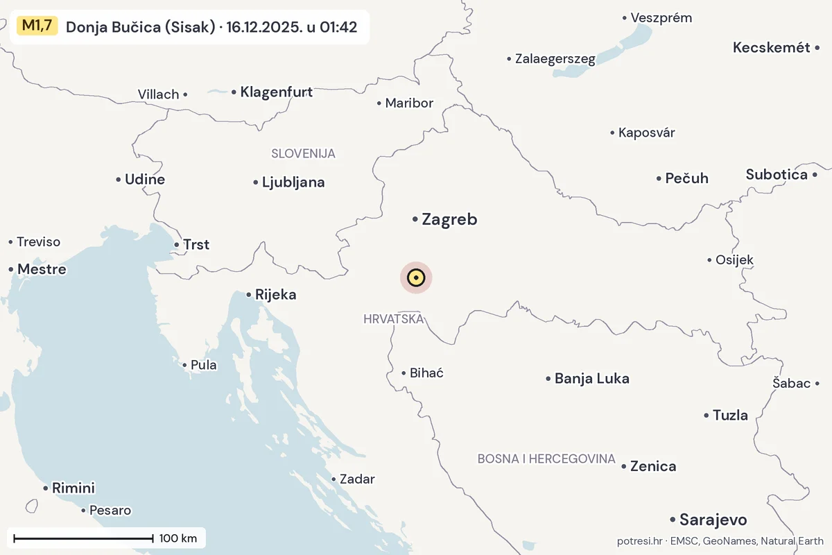 Karta: šire područje, 600 km, potres M1,7, Donja Bučica (Sisak), 16.12.2025.
