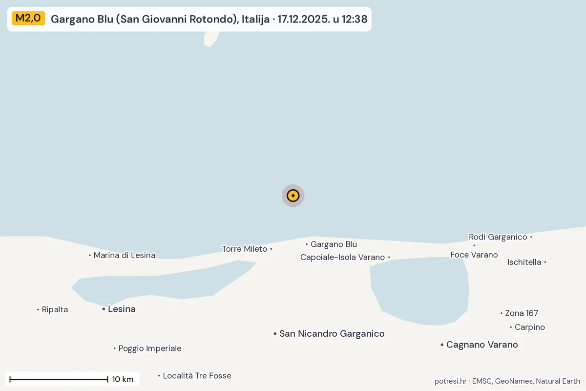 Karta: okolica epicentra, 60 km, potres M2,0, Gargano Blu (San Giovanni Rotondo), Italija, 17.12.2025.