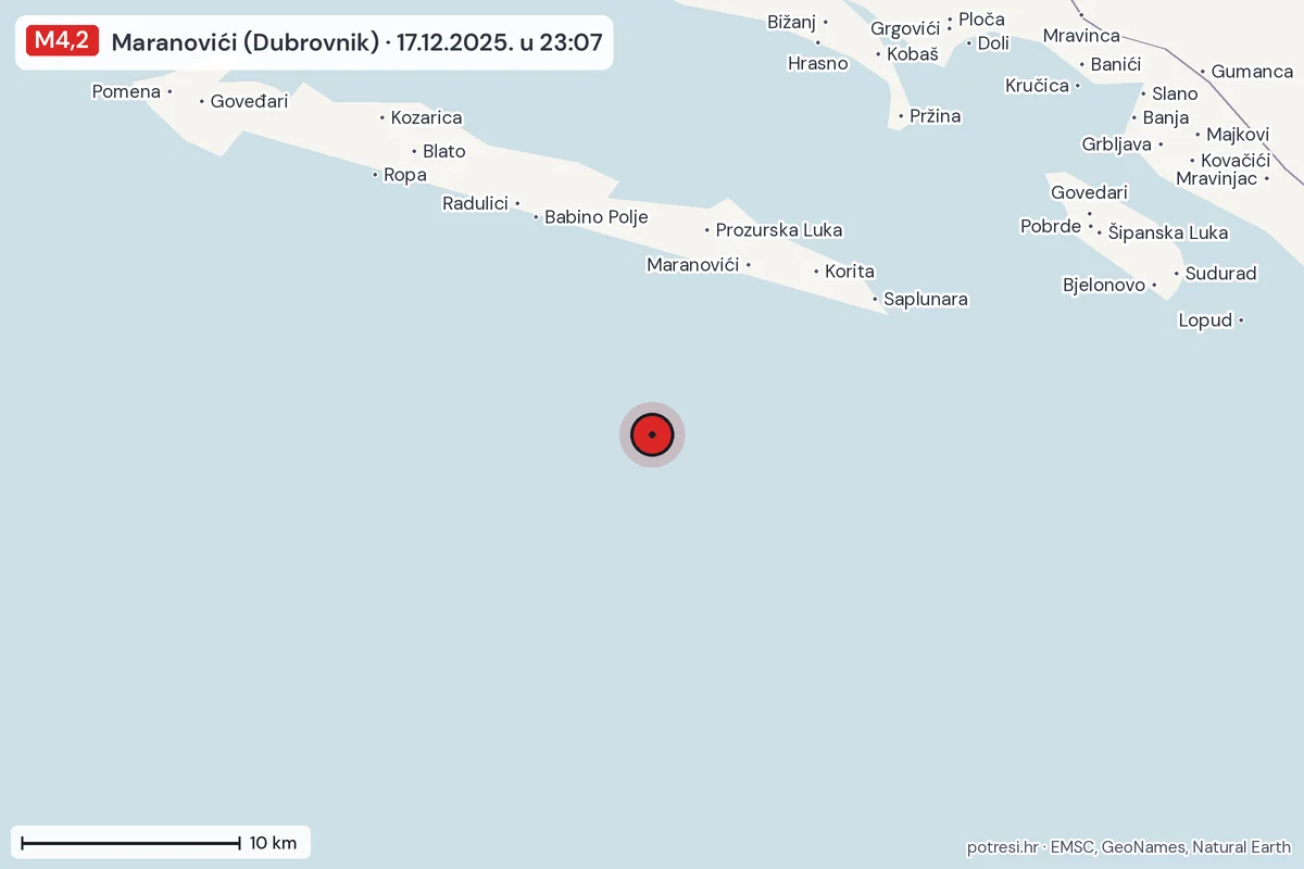 Karta: okolica epicentra, 60 km, potres M4,2, Maranovići (Dubrovnik), 17.12.2025.
