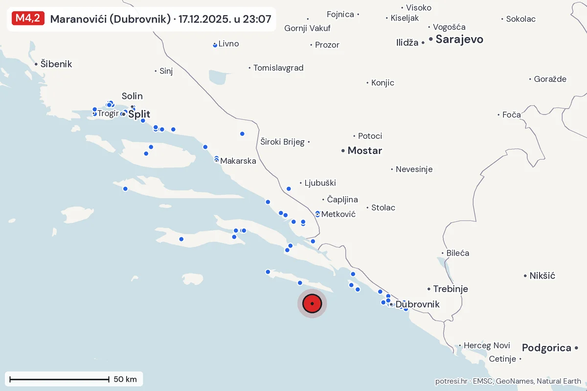 Karta: izvješća građana, potres M4,2, Maranovići (Dubrovnik), 17.12.2025.