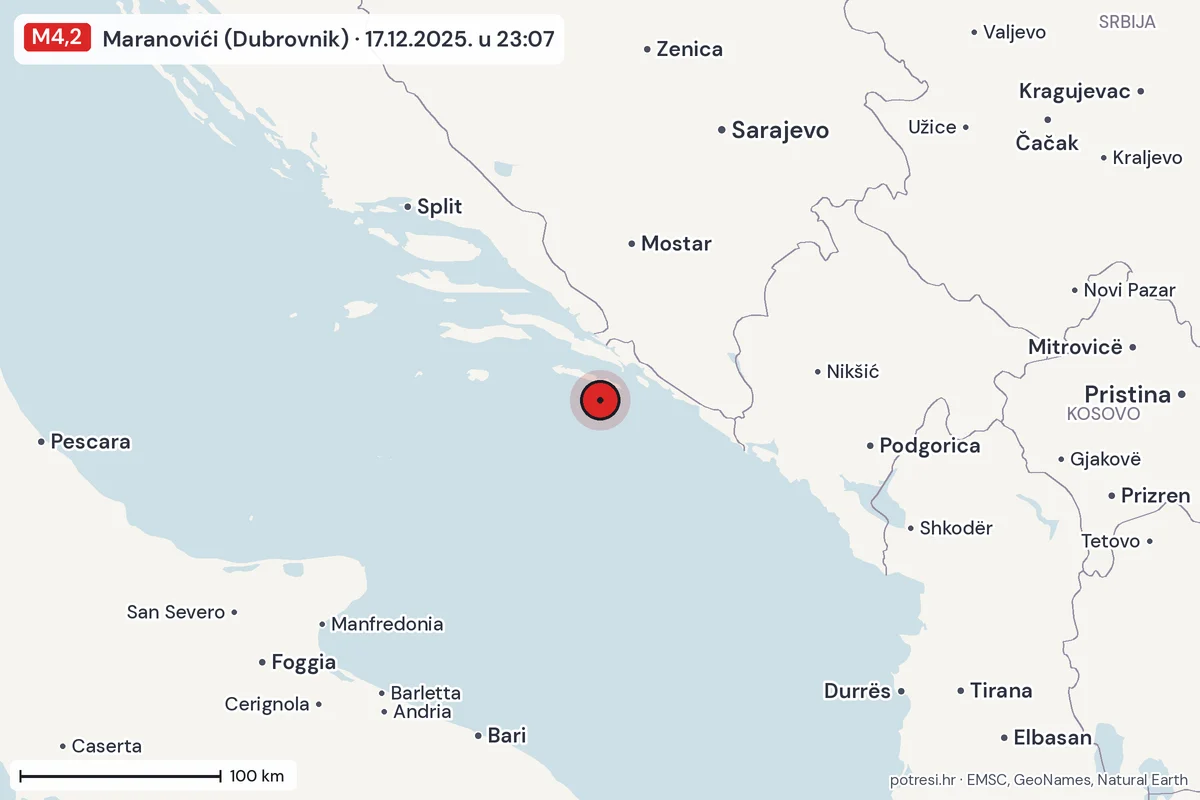 Karta: šire područje, 600 km, potres M4,2, Maranovići (Dubrovnik), 17.12.2025.