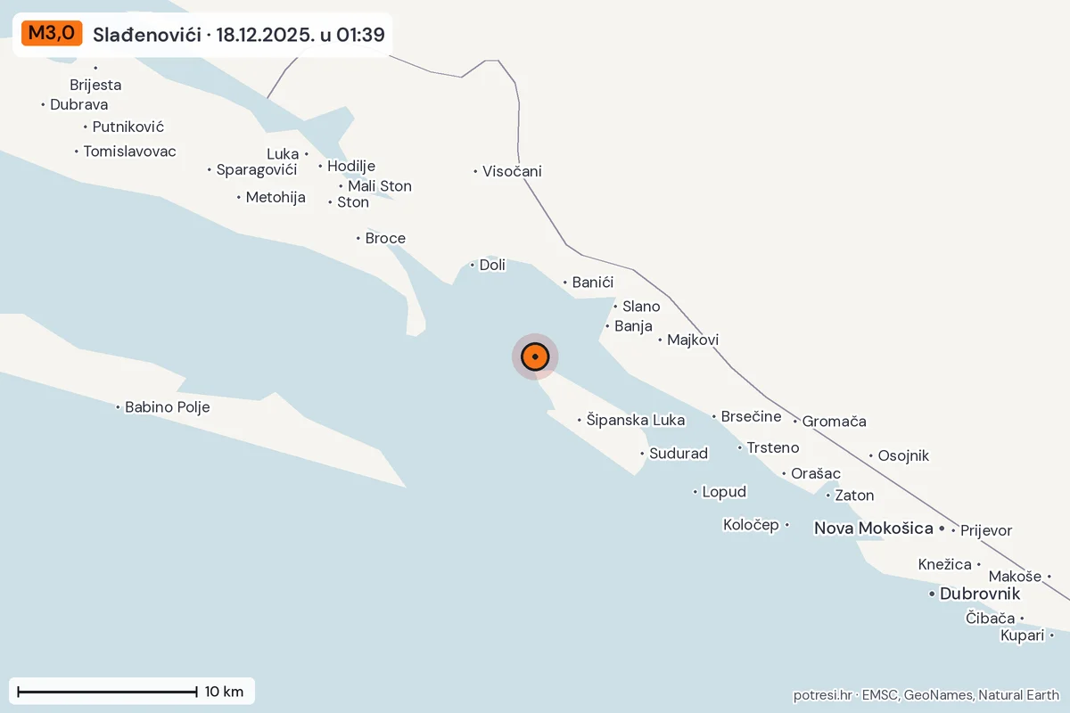 Karta: okolica epicentra, 60 km, potres M3,0, Slađenovići, 18.12.2025.