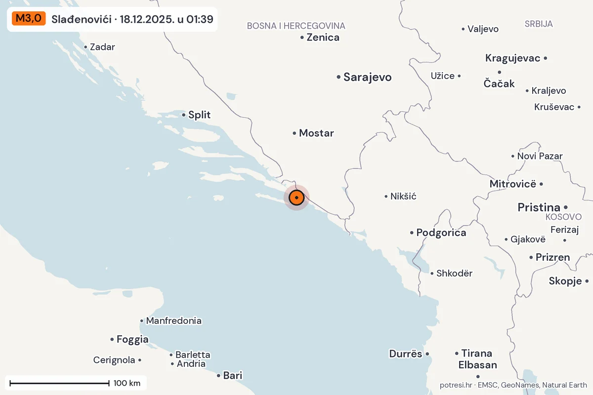 Karta: šire područje, 600 km, potres M3,0, Slađenovići, 18.12.2025.